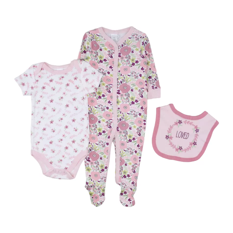 Baby Kiss 3 Pc Layette Set - Sleeper, Bodysuit & Bib - Loved