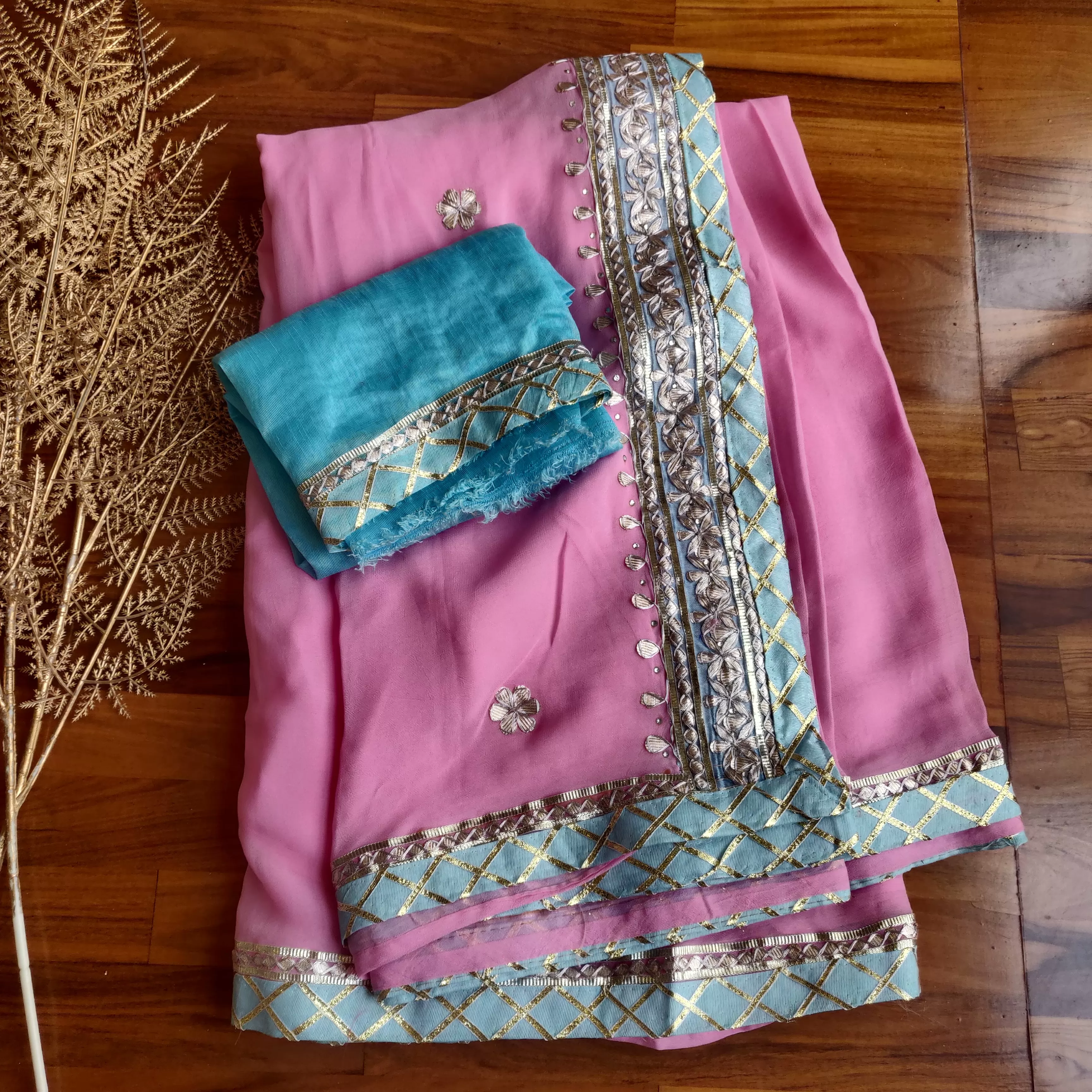 Baby Pink  Gota Patti Saree Pink Border