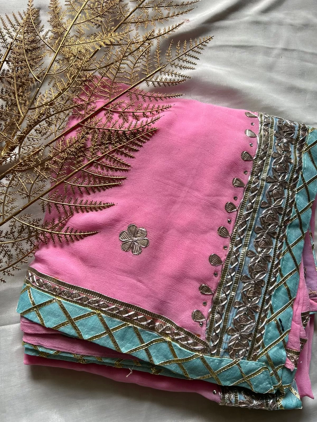 Baby Pink  Gota Patti Saree Pink Border