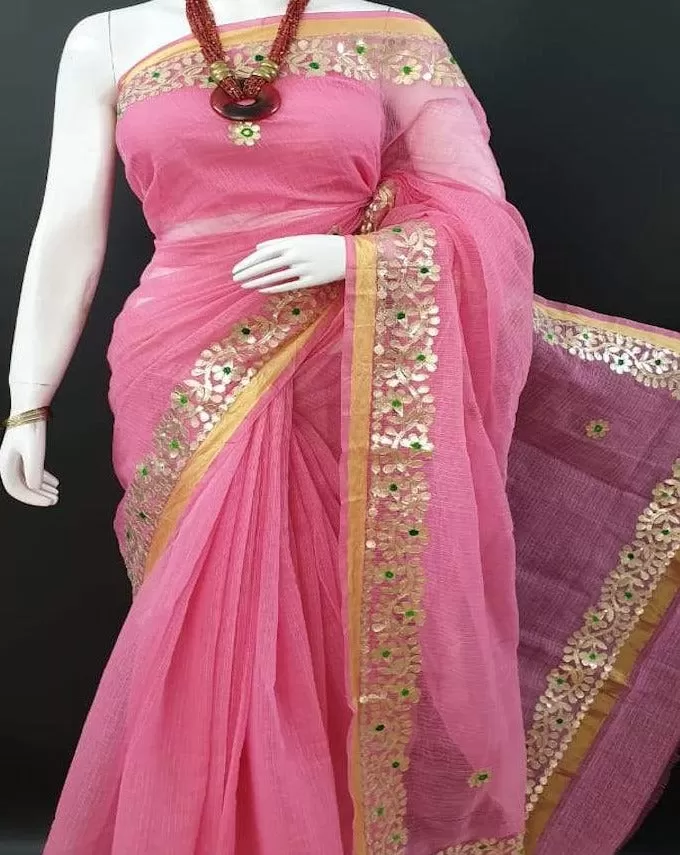 Baby Pink Kota Doria Gota Patti Saree