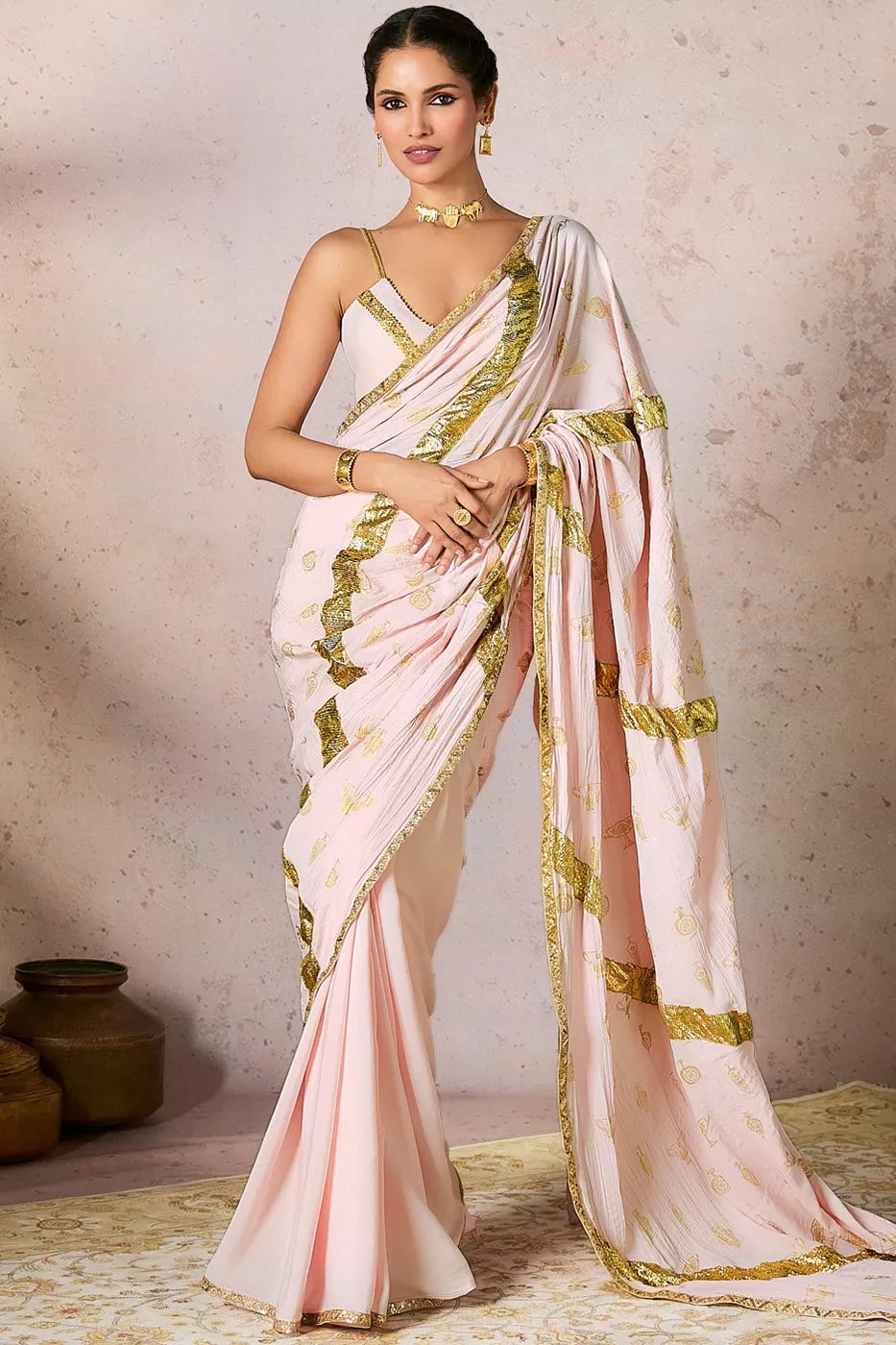 Baby Pink Potters Touch Gota Saree