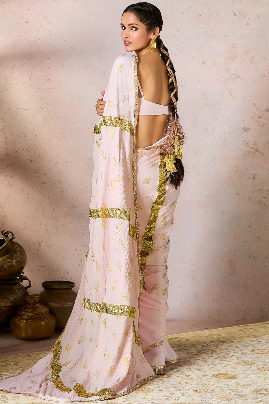 Baby Pink Potters Touch Gota Saree