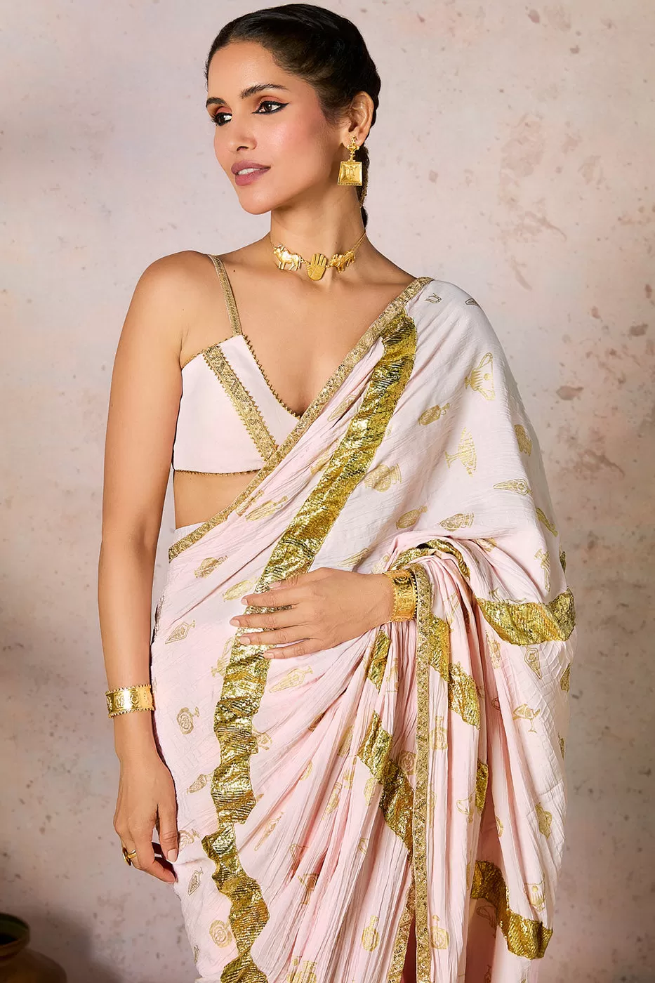 Baby Pink Potters Touch Gota Saree