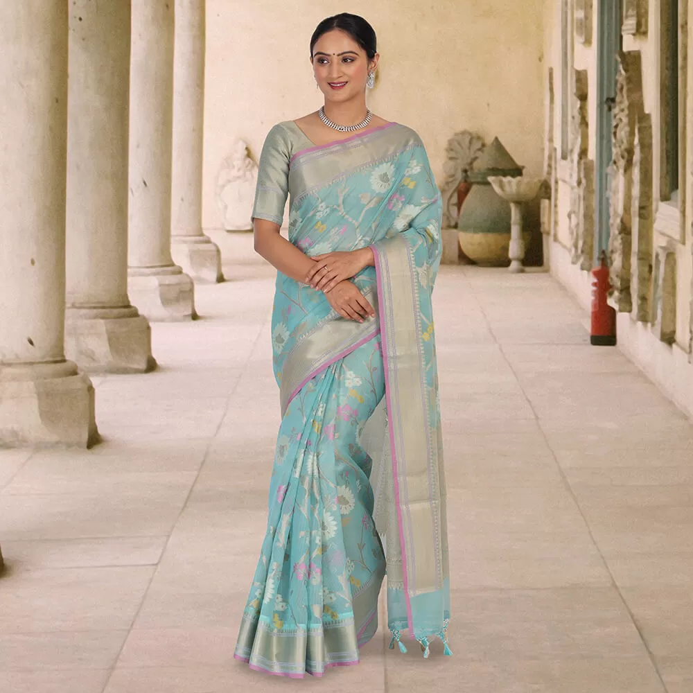 Banaras Kota Tilfi Jaal work Indian sari - Sky Blue