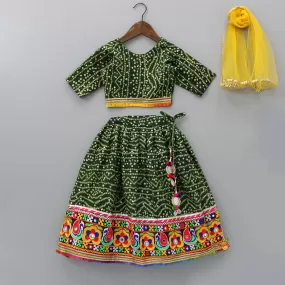 Bandhani Printed Top And Lehenga With Thread Embroidery And Dupatta