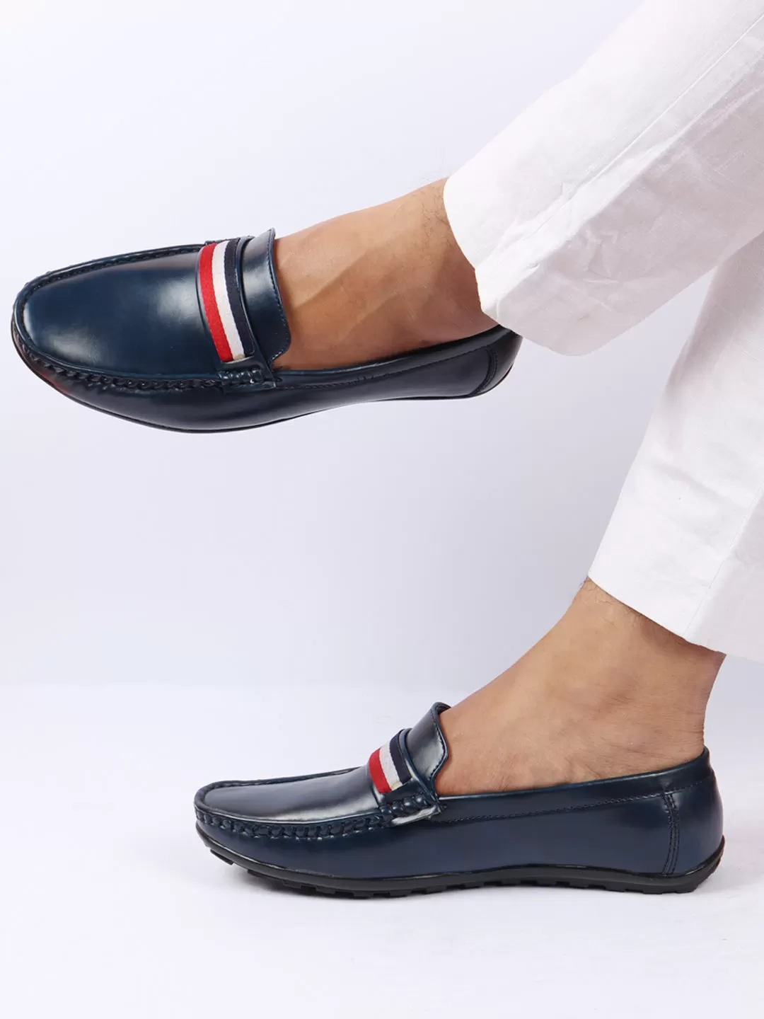 Basics Men Blue Colored Stripe Design Side Stitched Casual Slip On Loafers and Moccasin Shoes