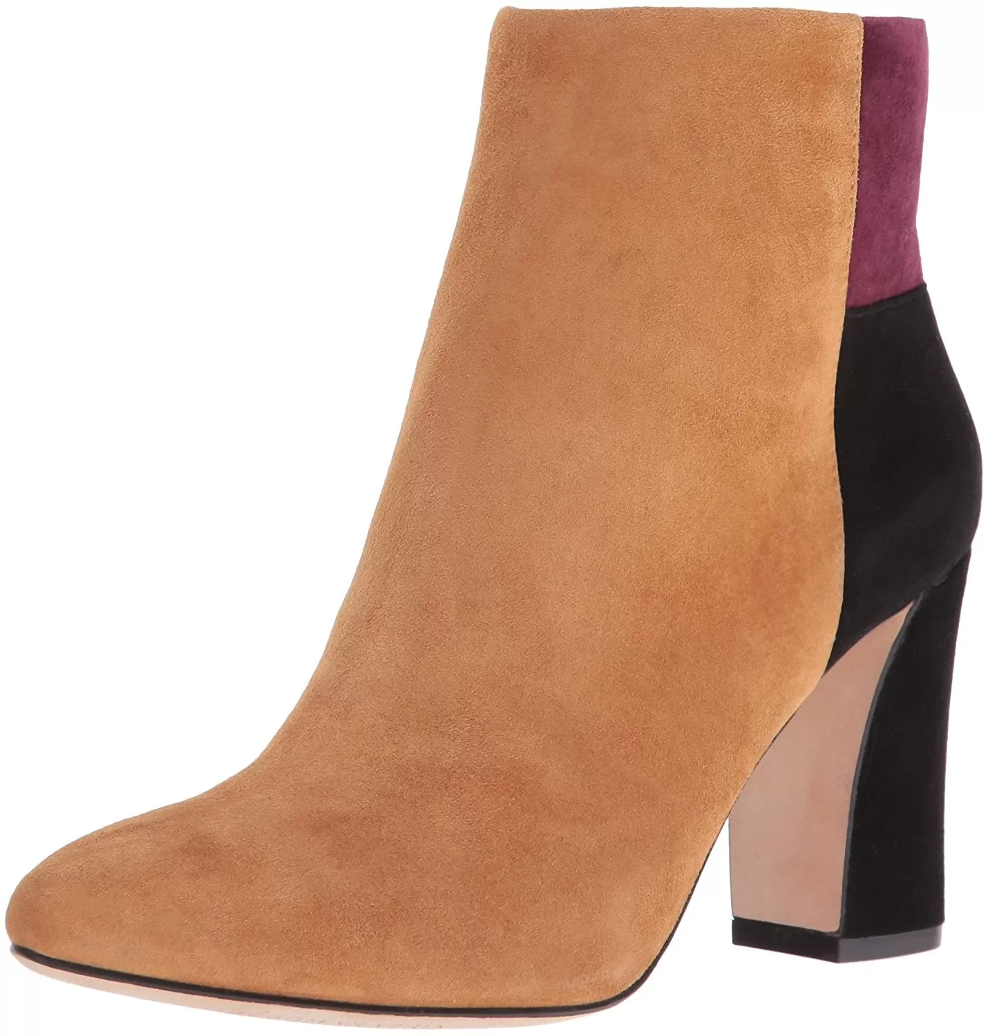 BCBG MAXAZRIA Blyss Ankle Bootie Cognac Color Block Heeled Suede Booties