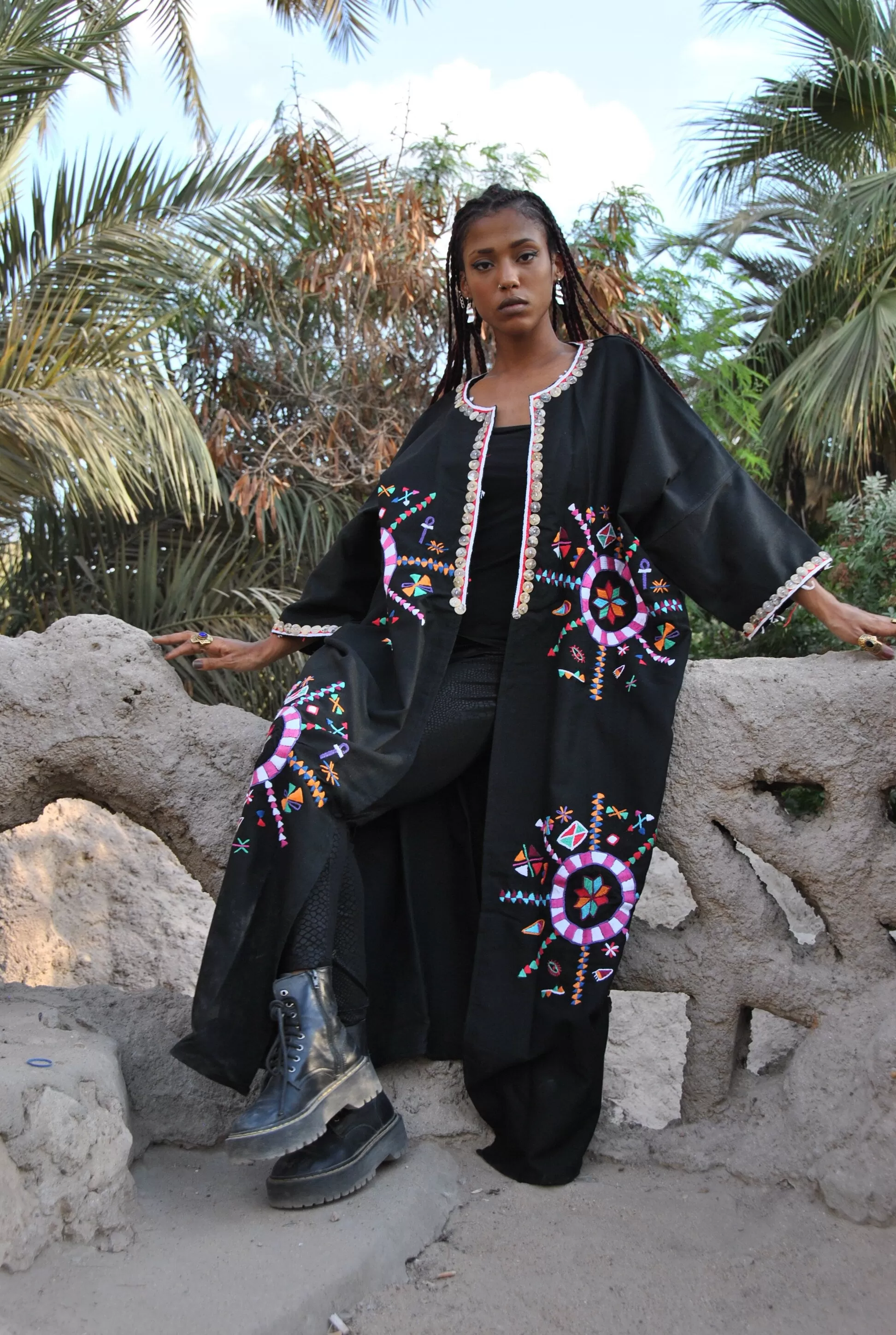 Bedouin Siwa hand embroidered wool Kimono, Black Winter Jacket, Boho winter coat, Long black coat, Siwa Kimono, Oversized wool coat