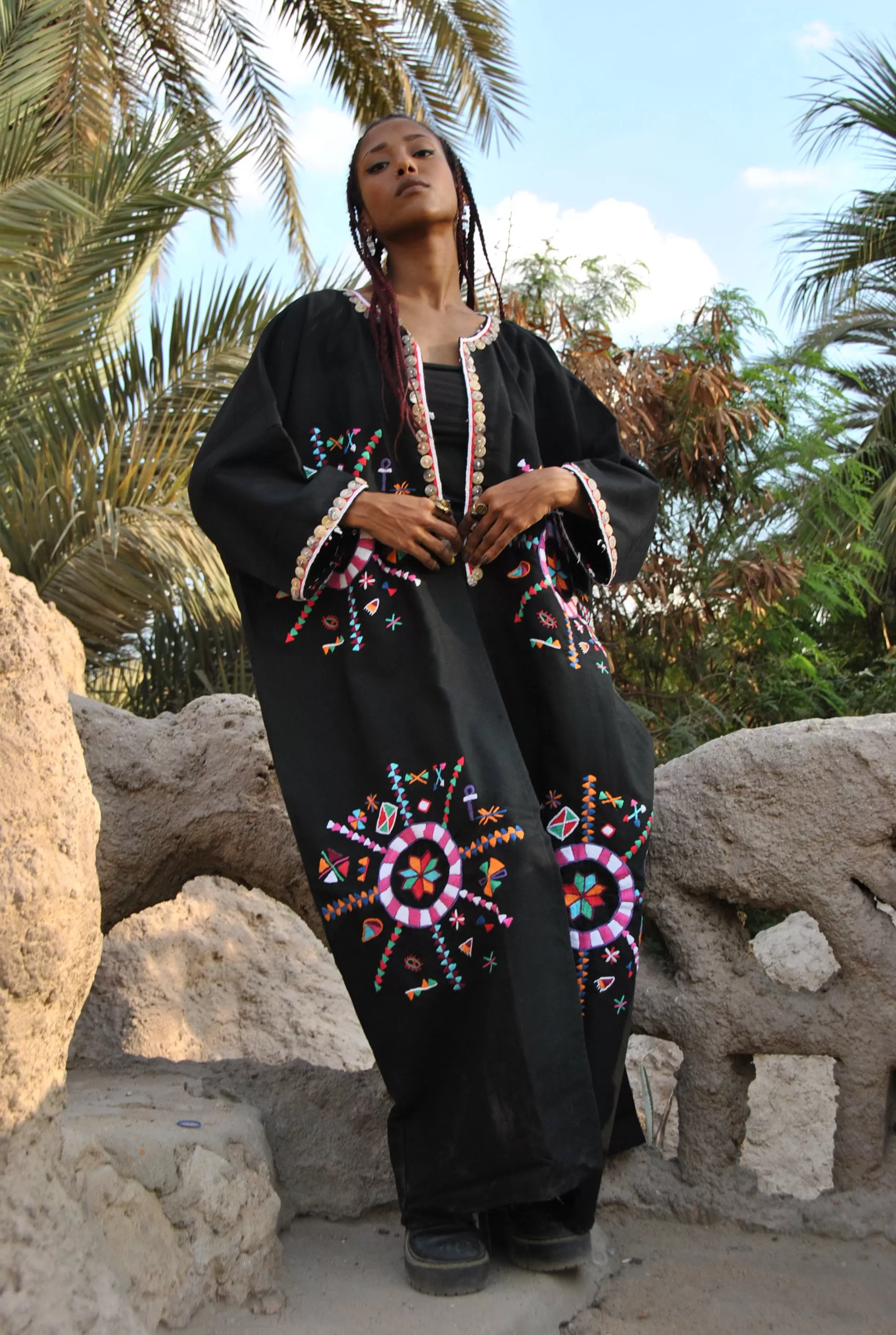 Bedouin Siwa hand embroidered wool Kimono, Black Winter Jacket, Boho winter coat, Long black coat, Siwa Kimono, Oversized wool coat