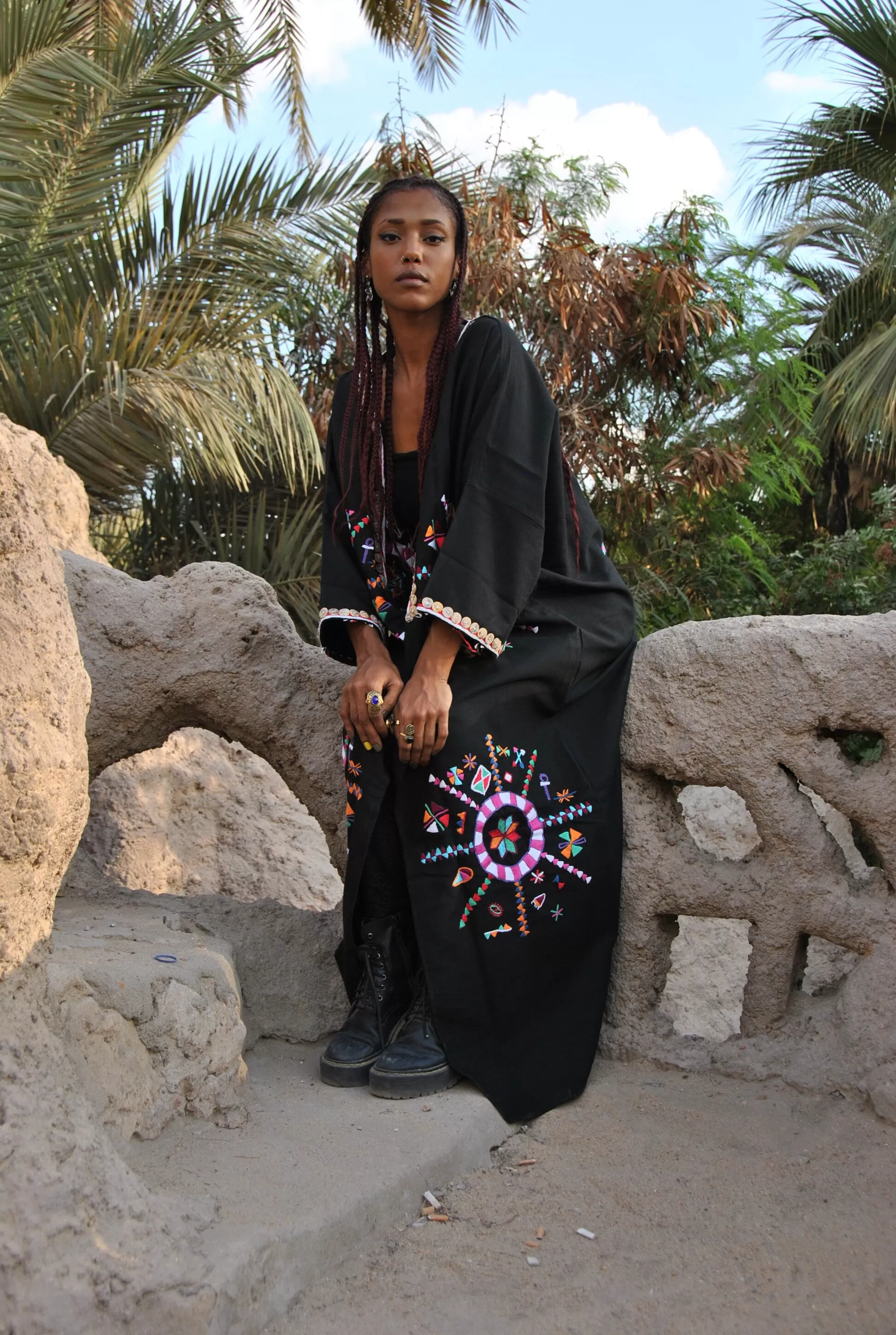 Bedouin Siwa hand embroidered wool Kimono, Black Winter Jacket, Boho winter coat, Long black coat, Siwa Kimono, Oversized wool coat