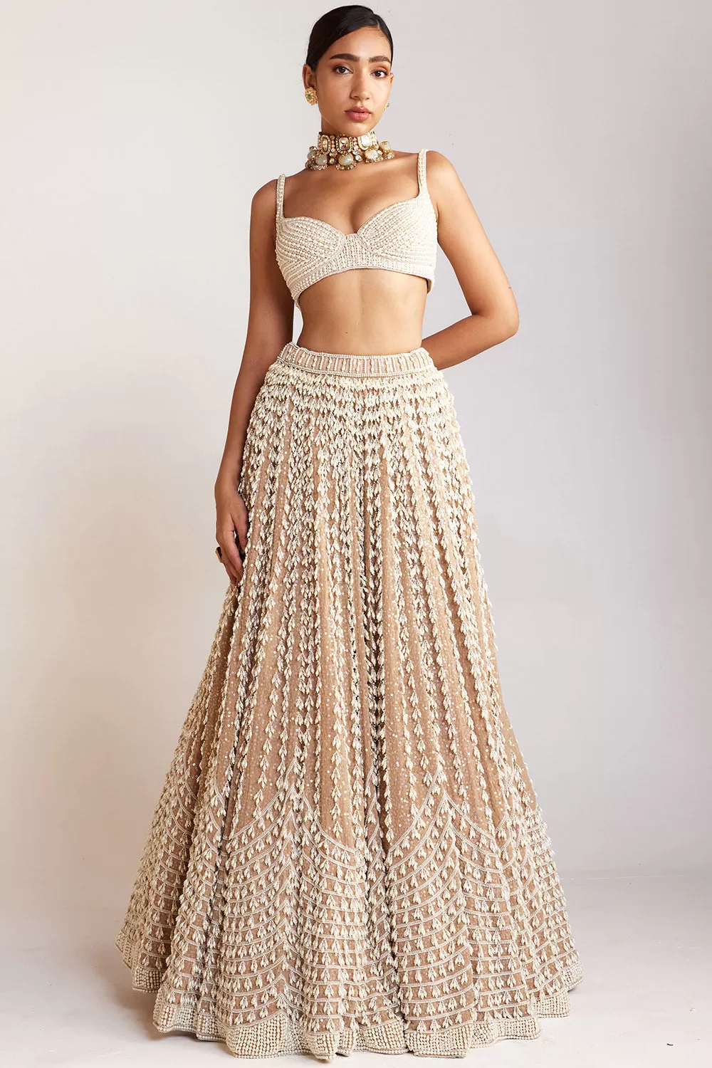 Beige Chandelier Pearl Lehenga