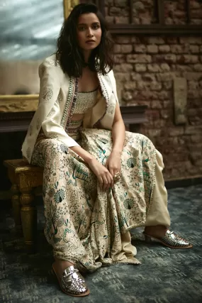 Beige Mor Jaal Printed Drape Skirt and Jacket Set