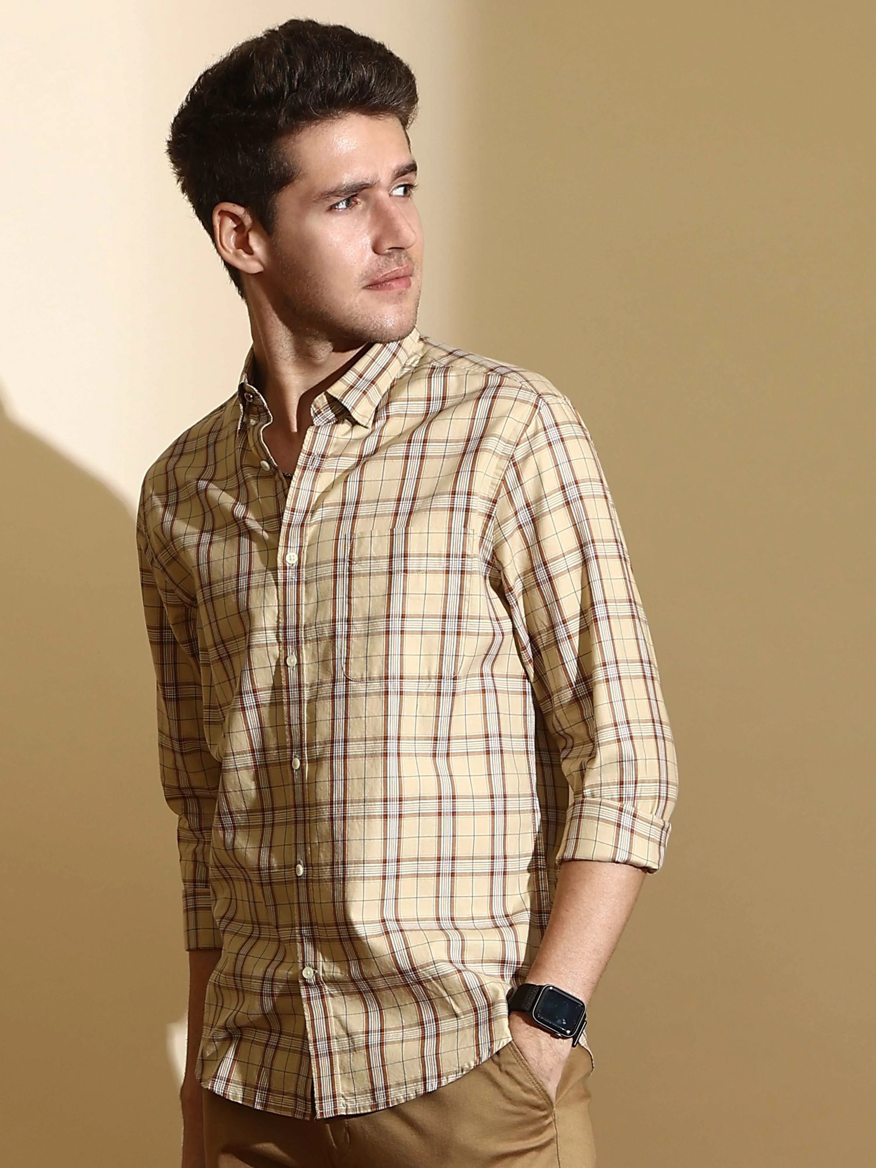 Beige Orange Semi Casual Shirt