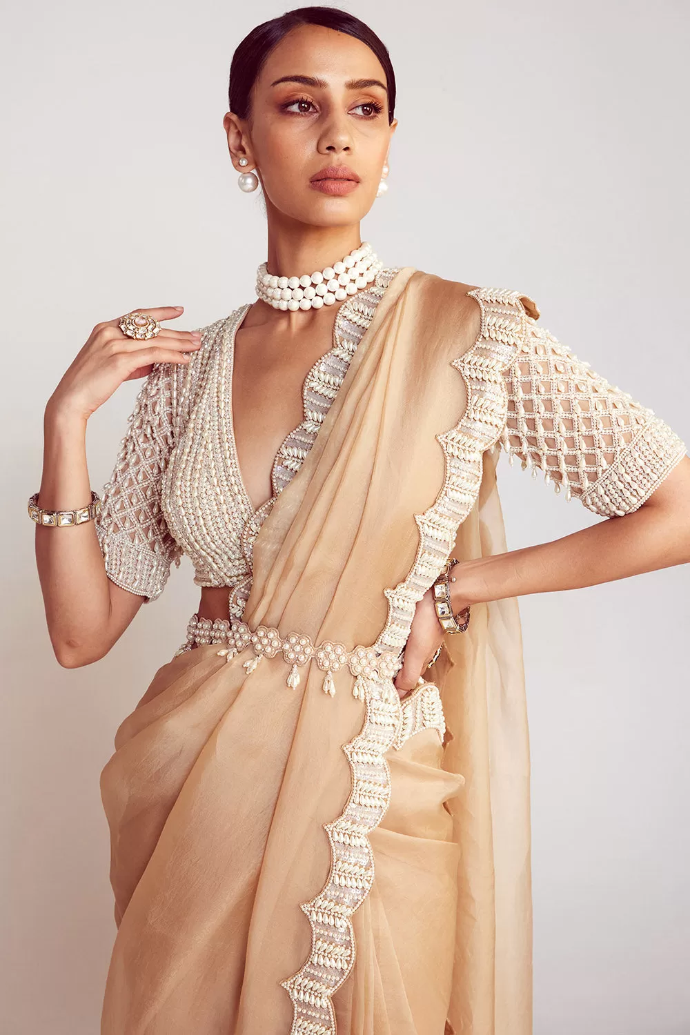 Beige Pearl Embellished Saree