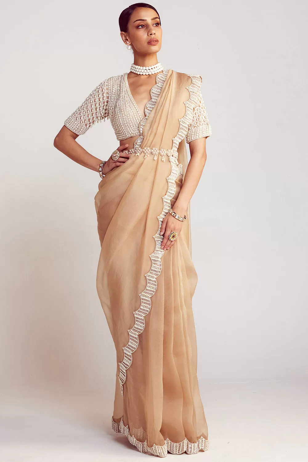 Beige Pearl Embellished Saree