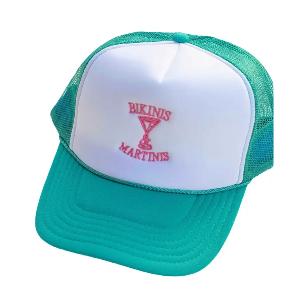 Bikinis & Martinis Embroidered Trucker Hat in Teal/White