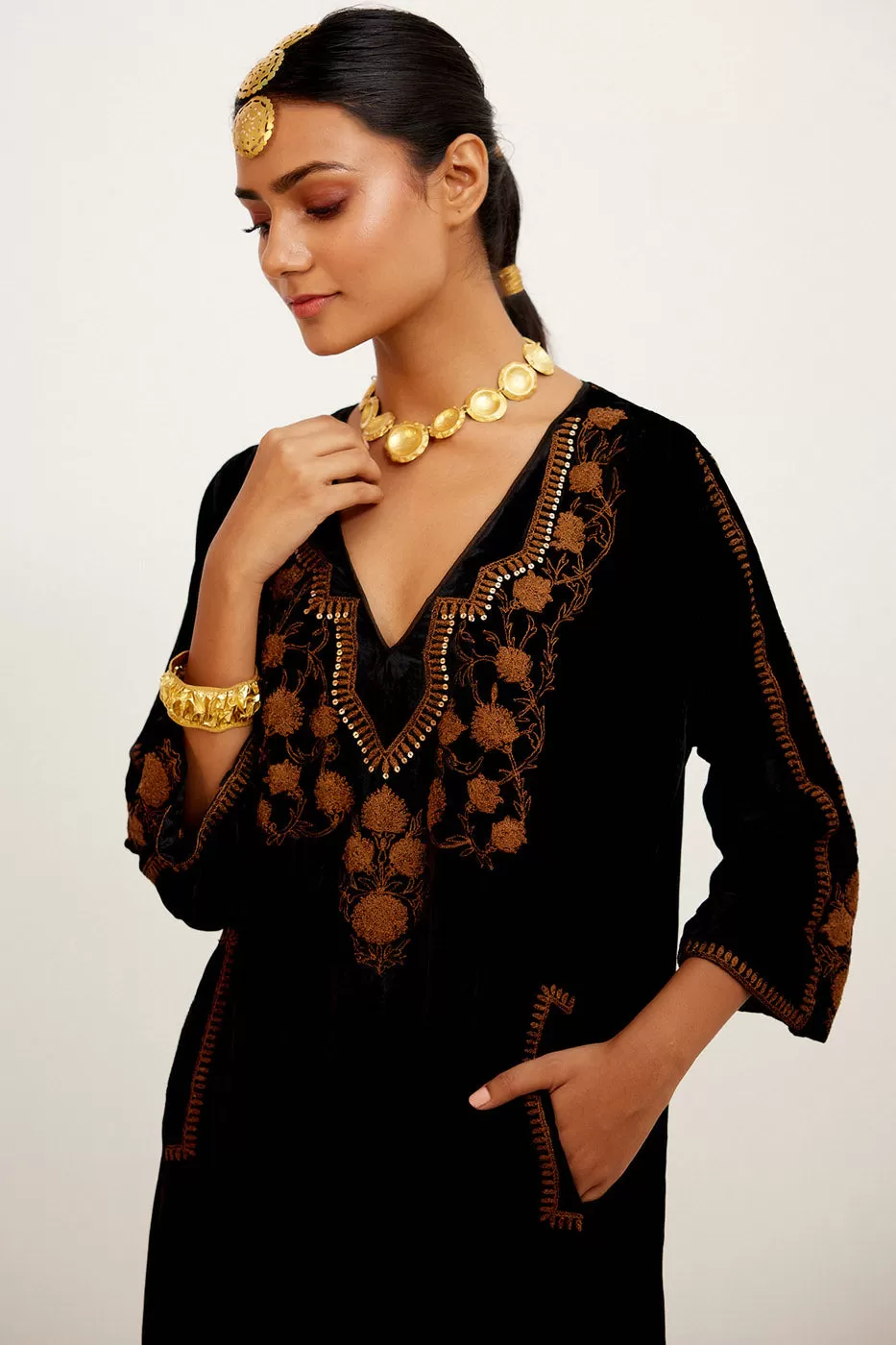 Black and Mustard Zari Embroidered Velvet Kurta Set