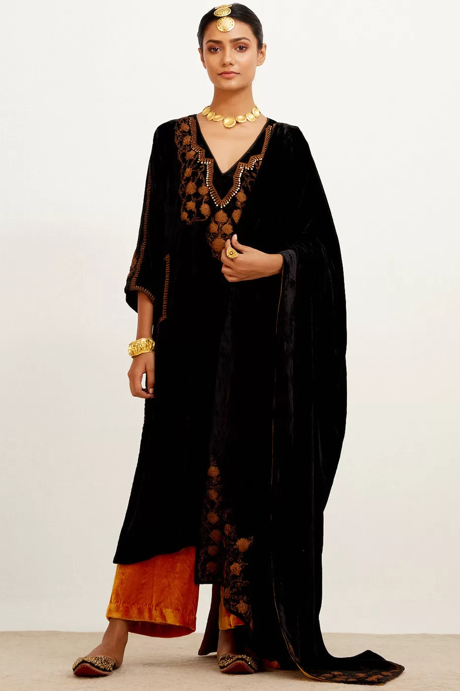 Black and Mustard Zari Embroidered Velvet Kurta Set