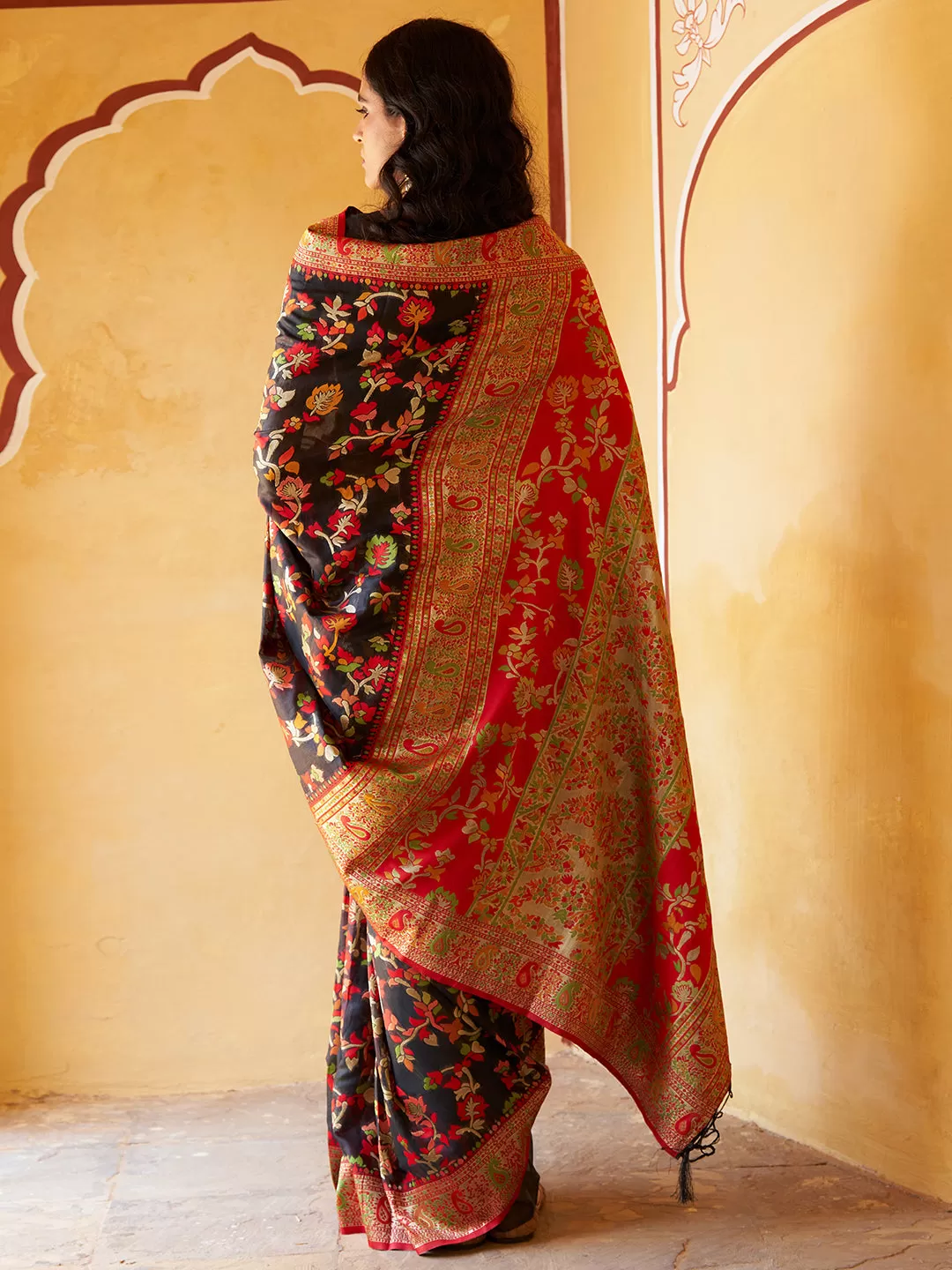 Black Chanderi Silk Pashmina Saree with Unstitched Blouse Piece