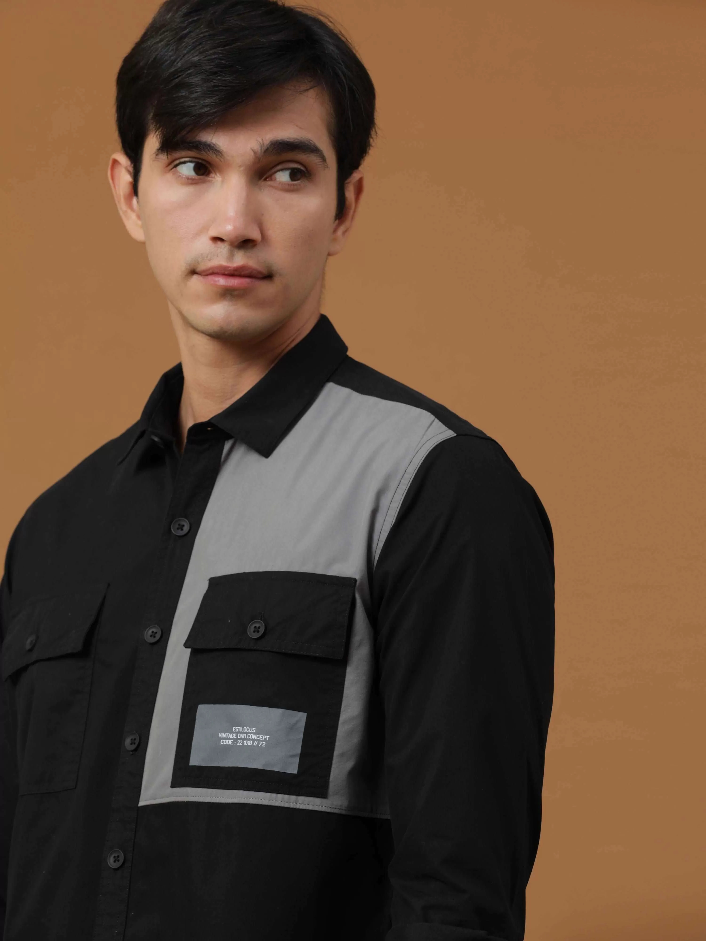 Black Contrast Patch Cargo Shirt