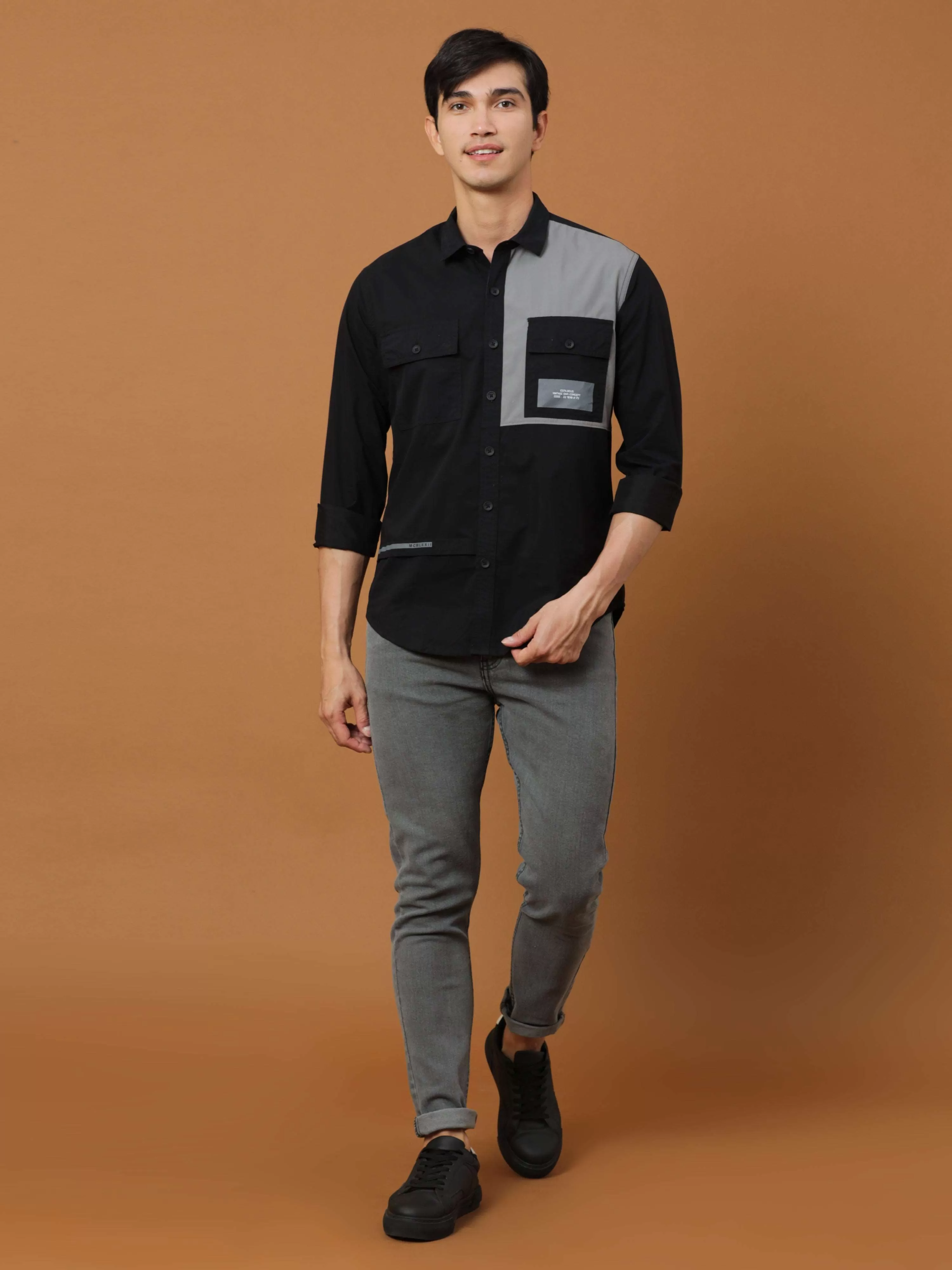 Black Contrast Patch Cargo Shirt