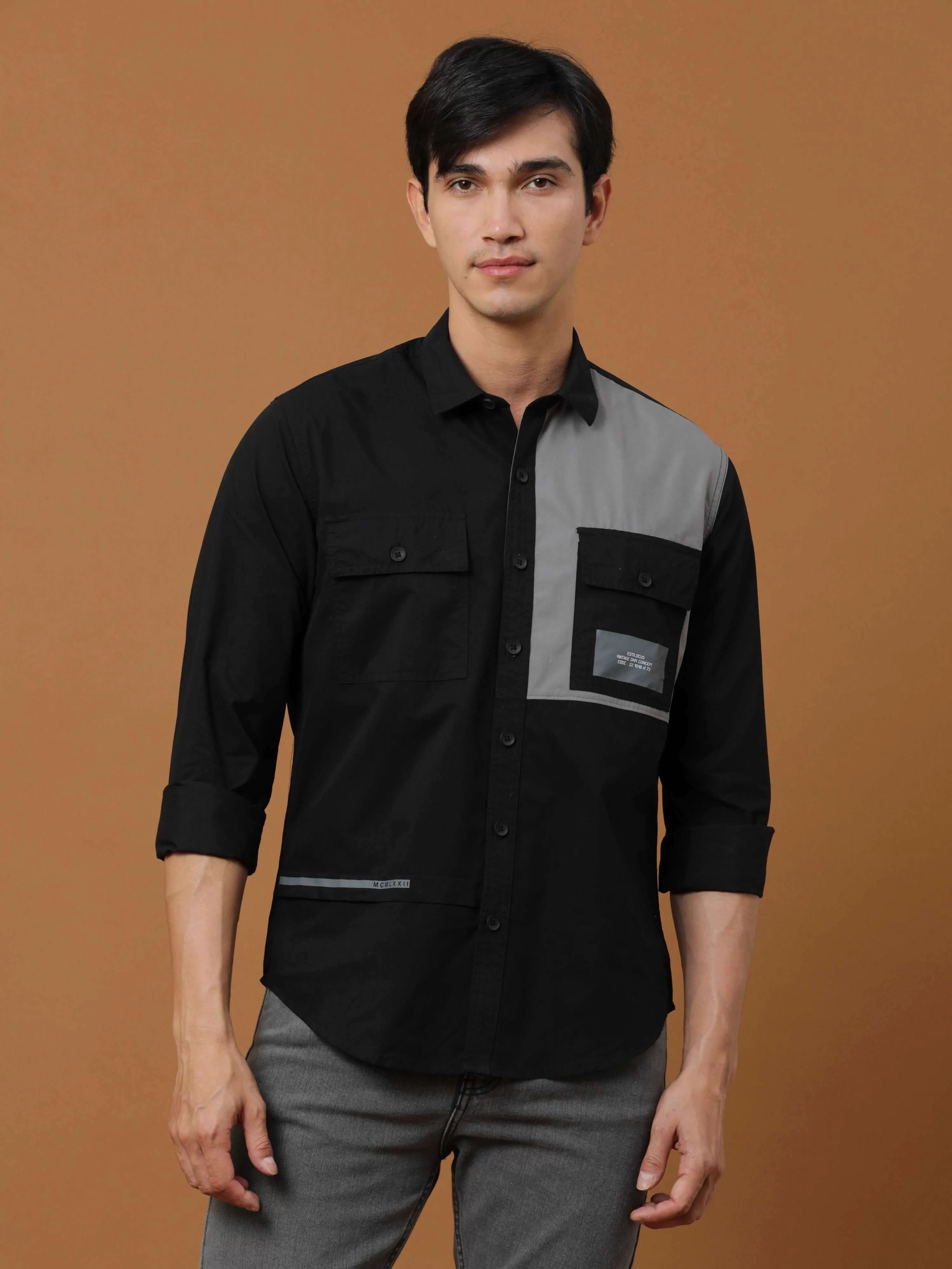 Black Contrast Patch Cargo Shirt