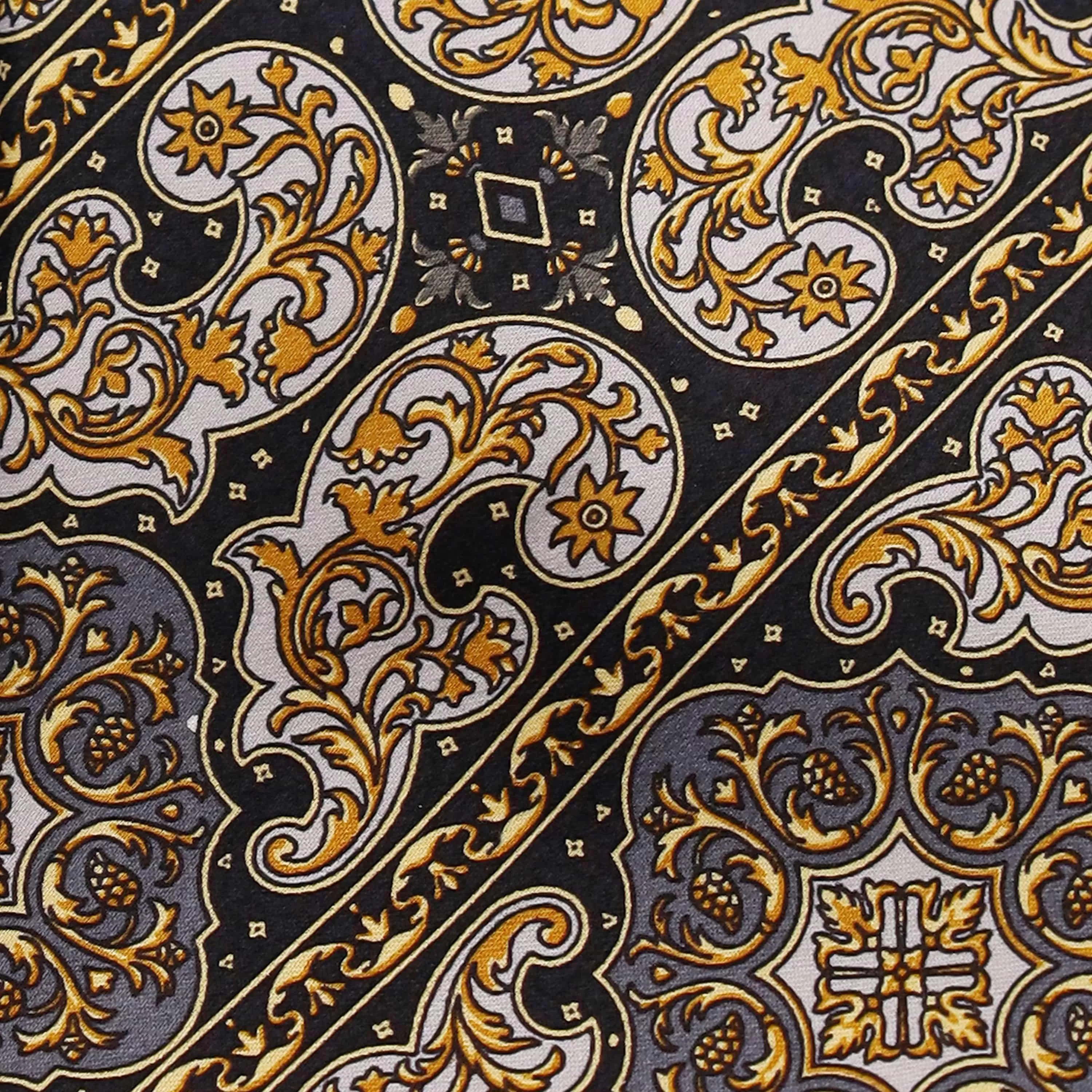 BLACK GOLD AND WHITE PAISLEY STRIPE SILK TIE