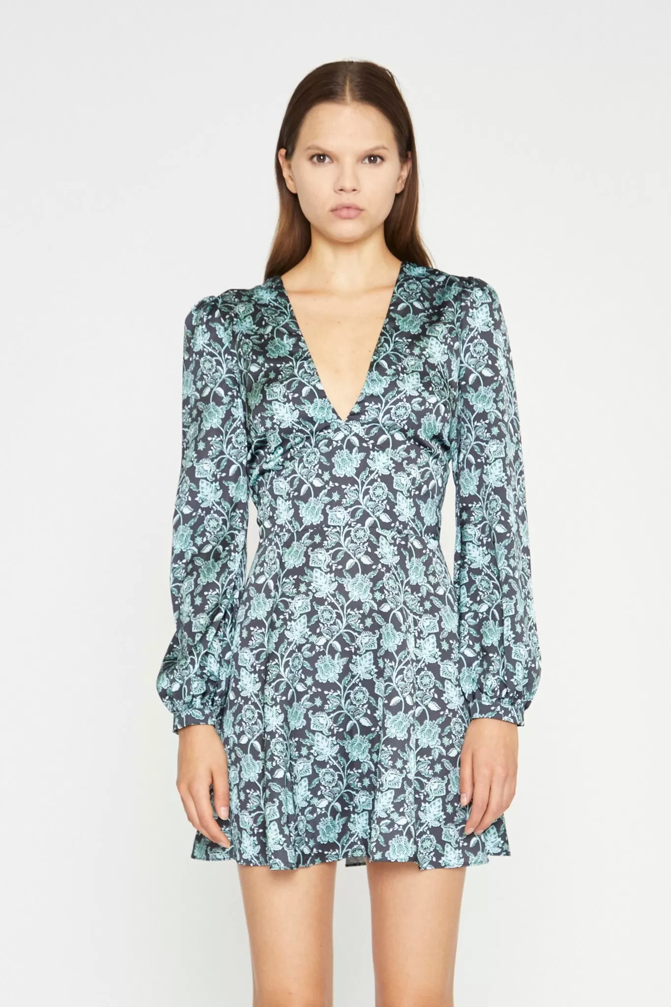 Black-Mint Paisley Satin Long Sleeve Tea Mini-Dress