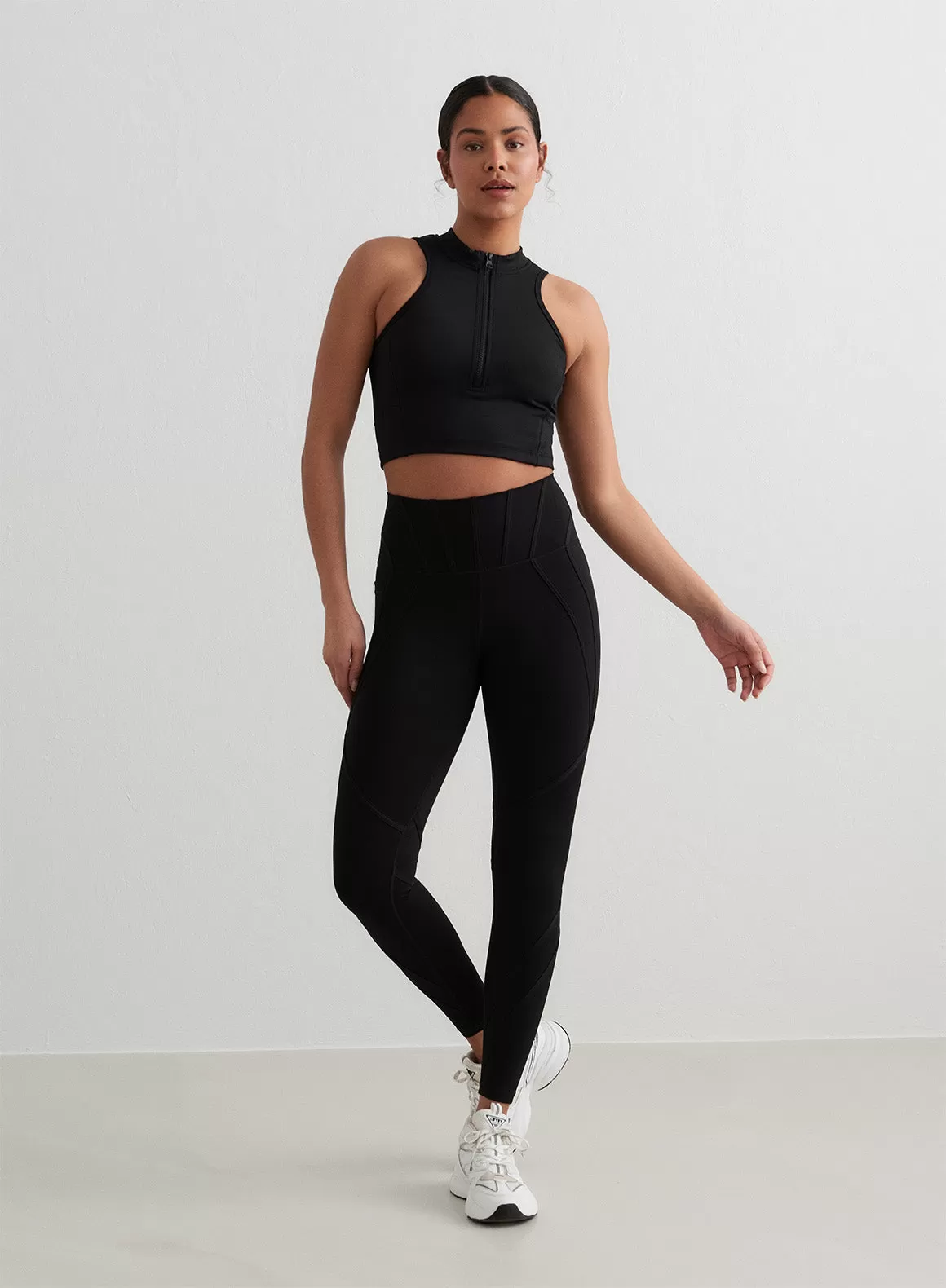 Black Sculpting Racer Front Zip Top