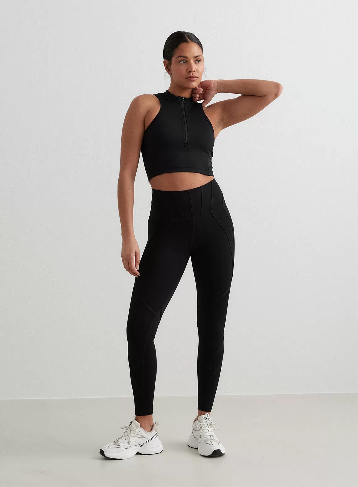 Black Sculpting Racer Front Zip Top