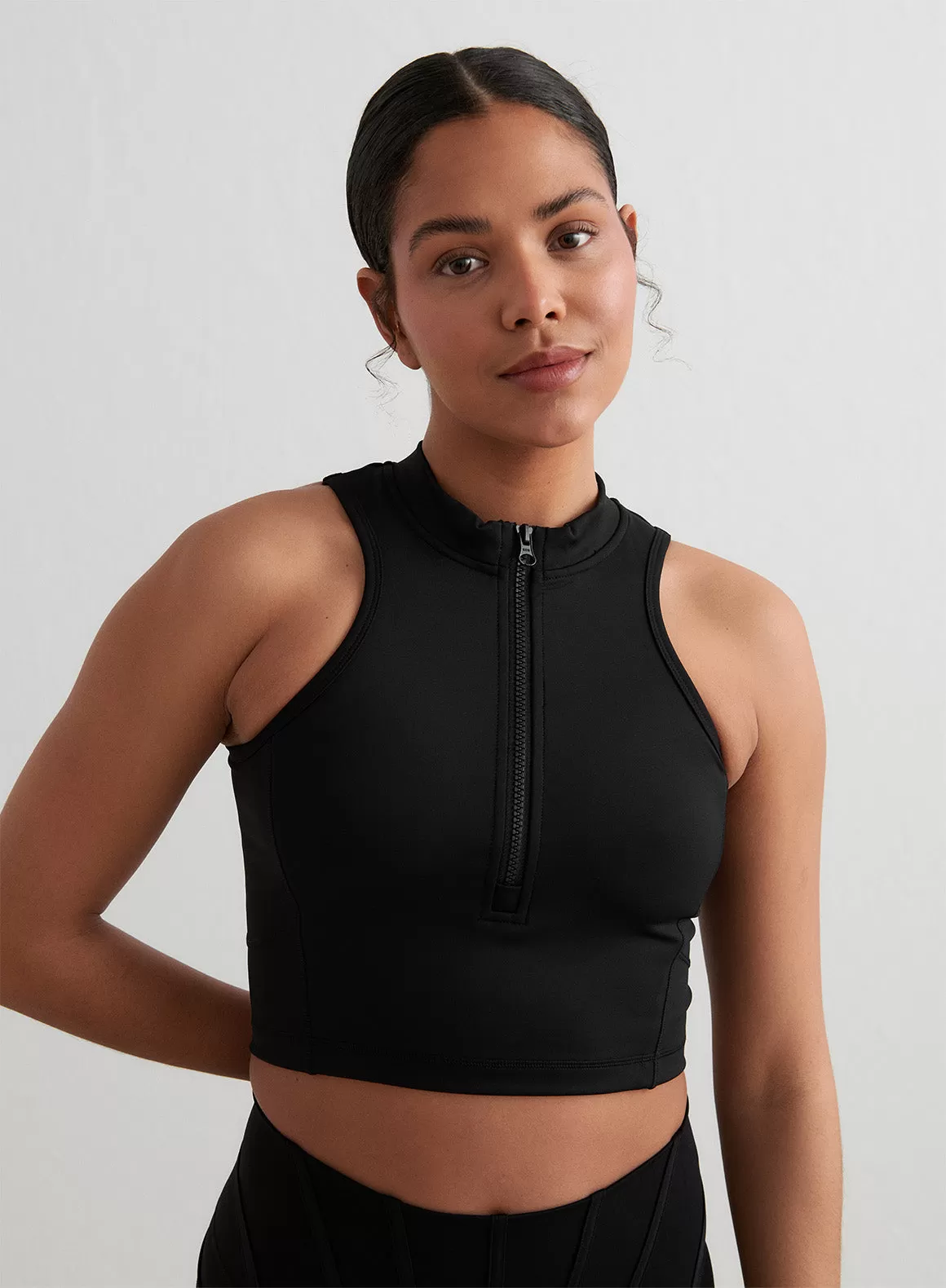 Black Sculpting Racer Front Zip Top