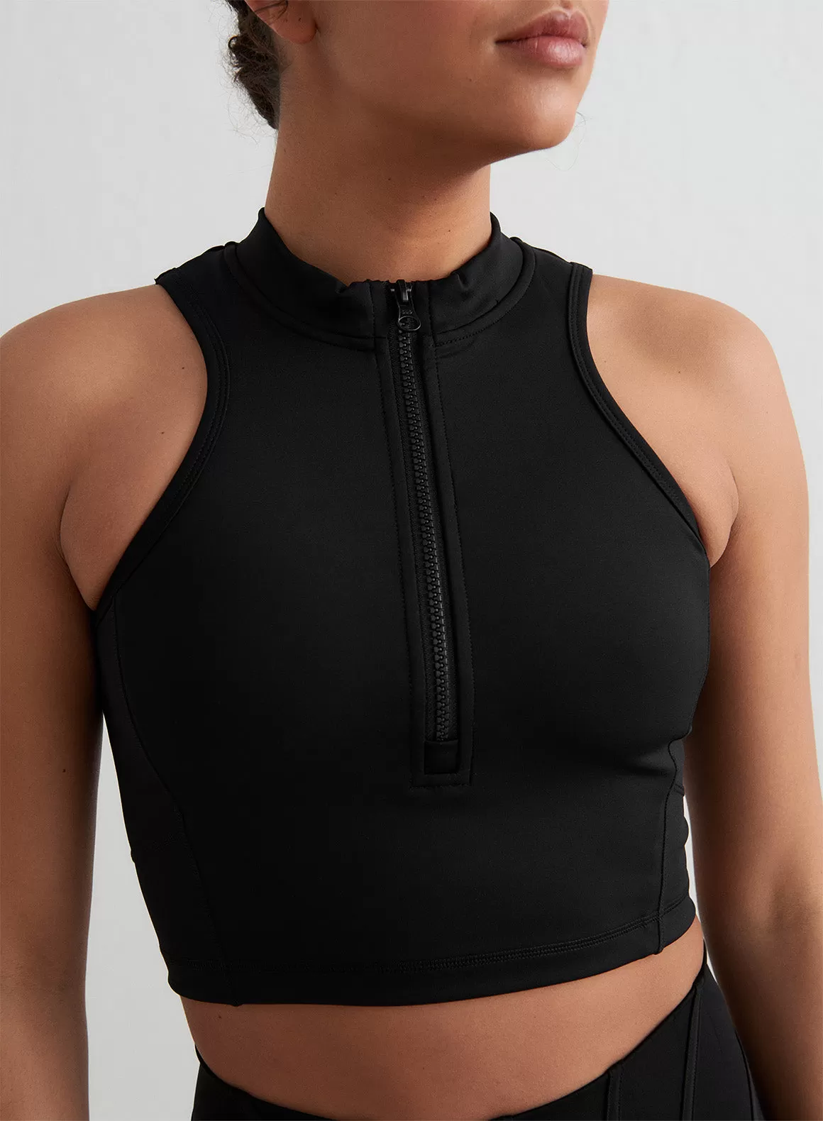 Black Sculpting Racer Front Zip Top