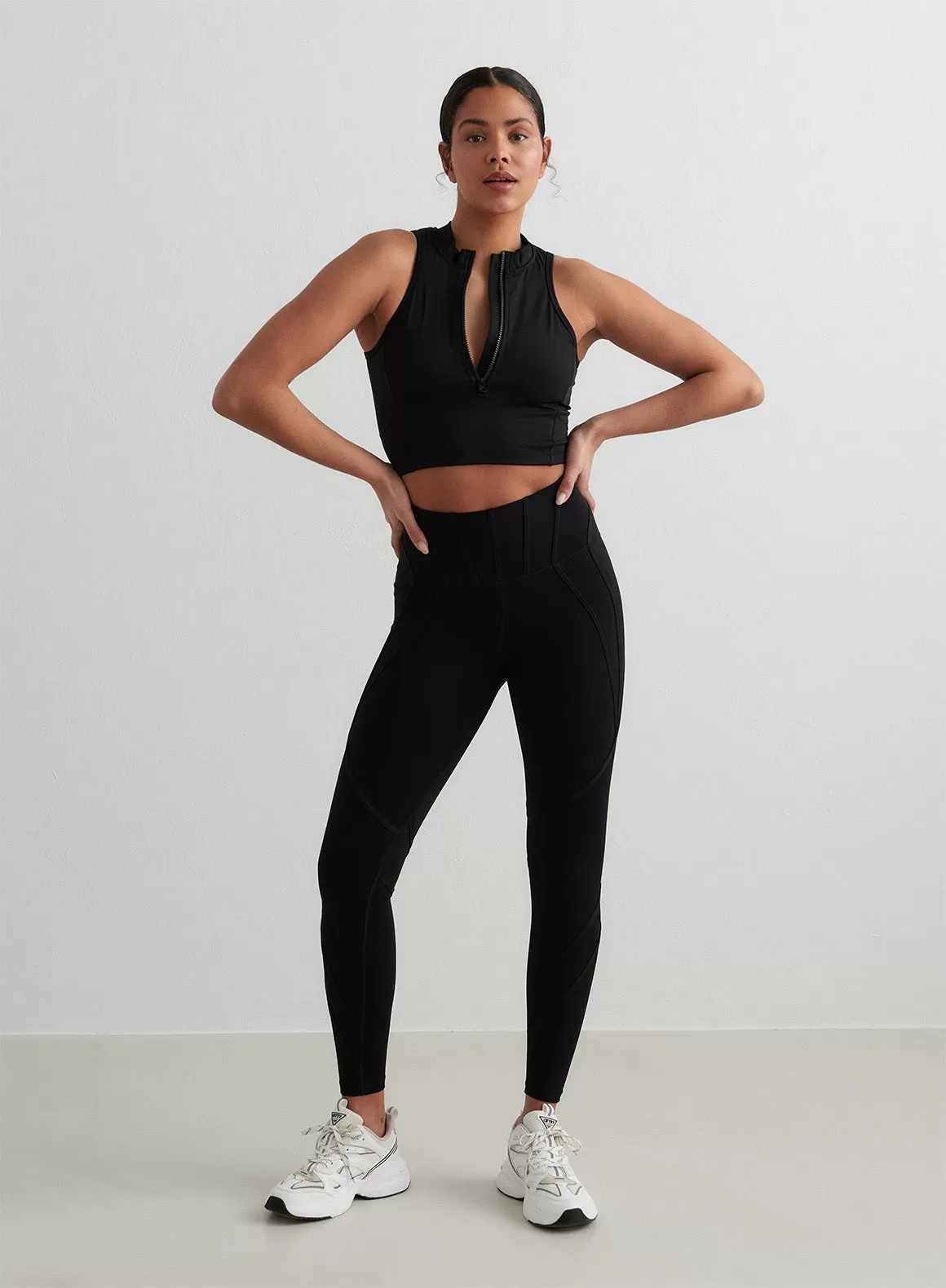 Black Sculpting Racer Front Zip Top