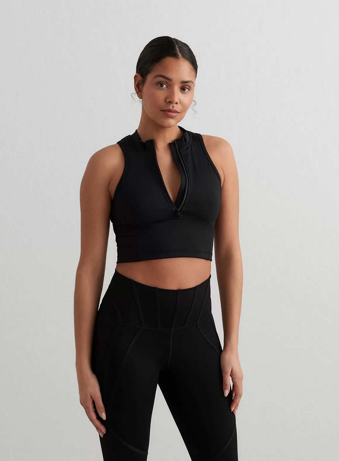 Black Sculpting Racer Front Zip Top