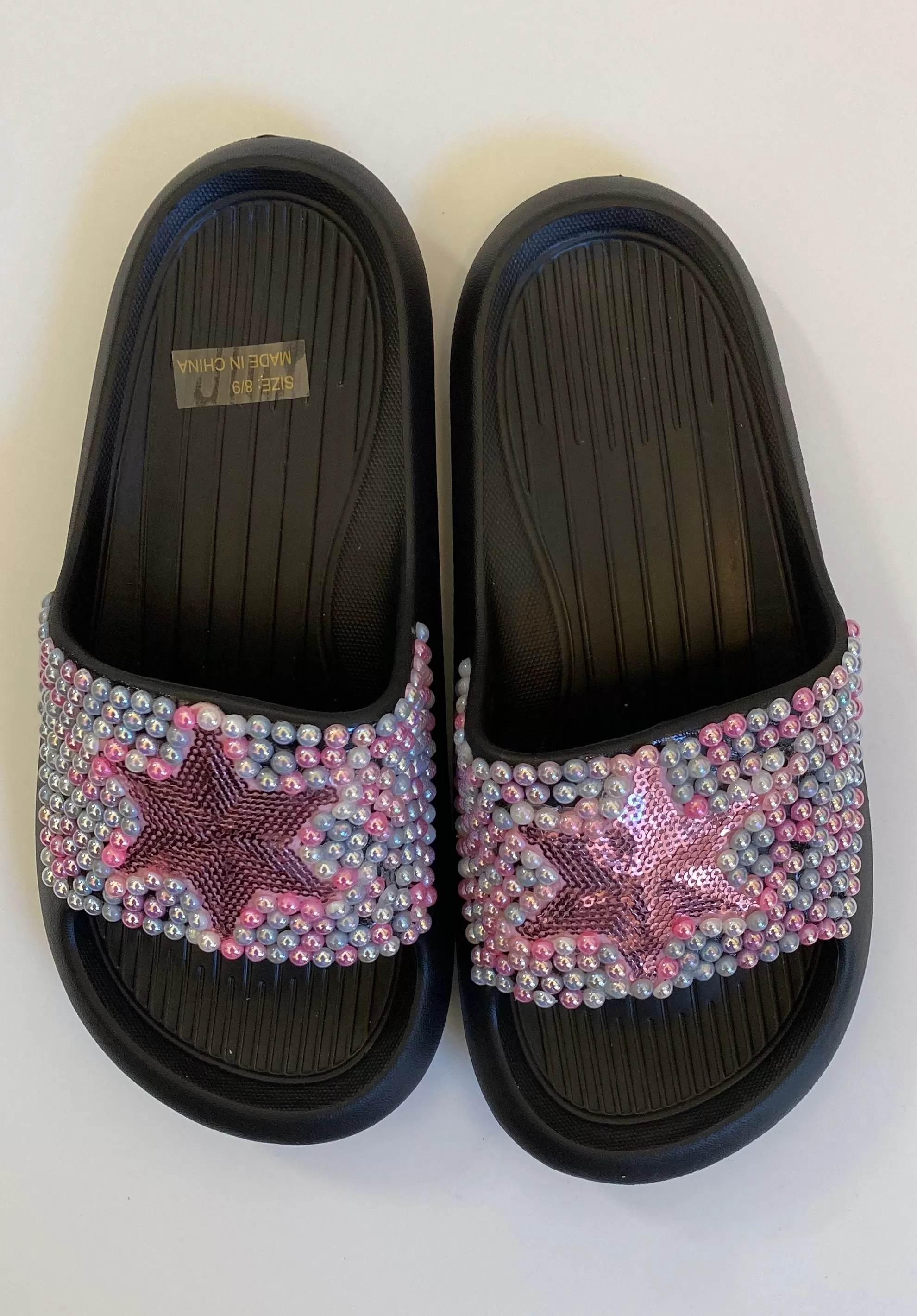 BLACK SLIP ON SLIDES WITH GRAPHICS PINK STAR