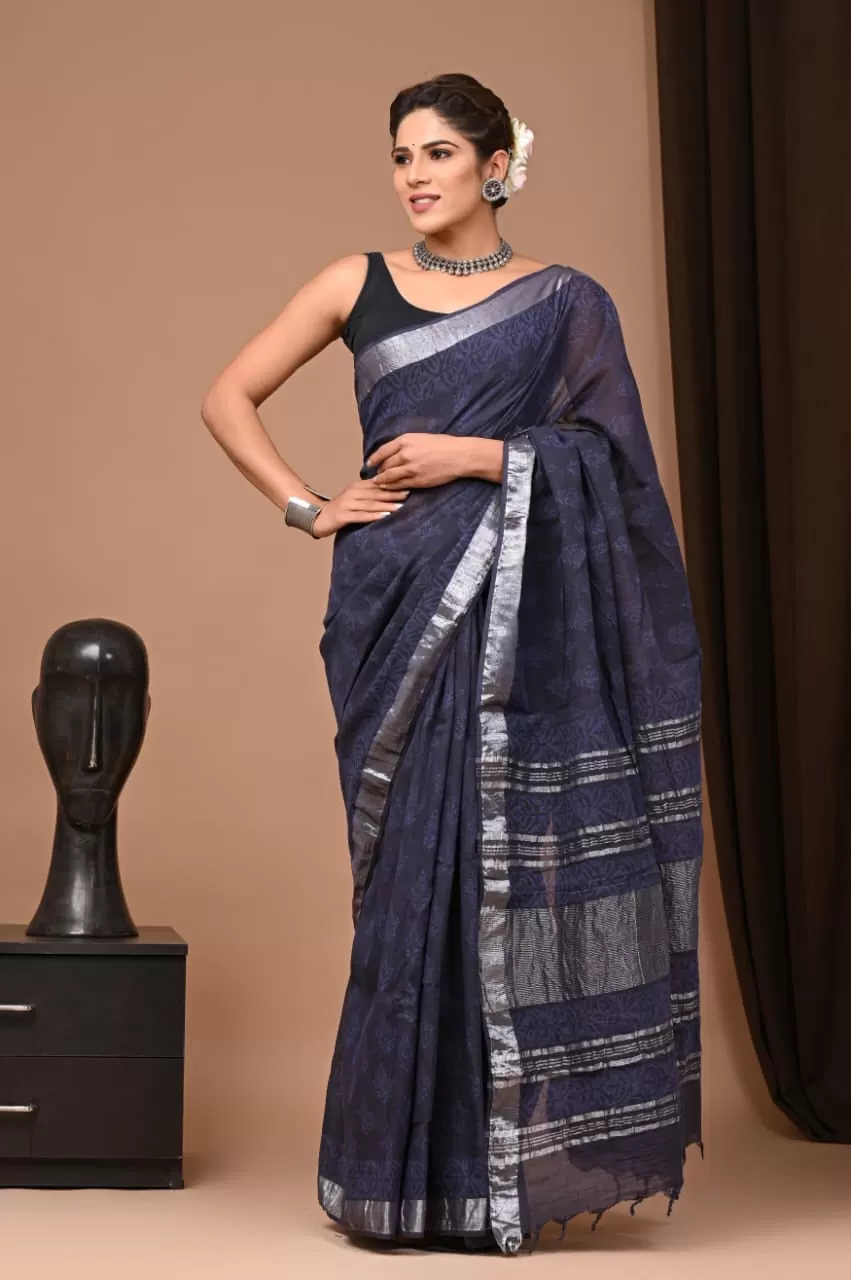 Blue  Blockprint Linen Slub Saree