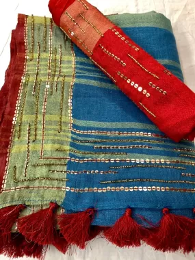 Blue Linen Embroidery Saree