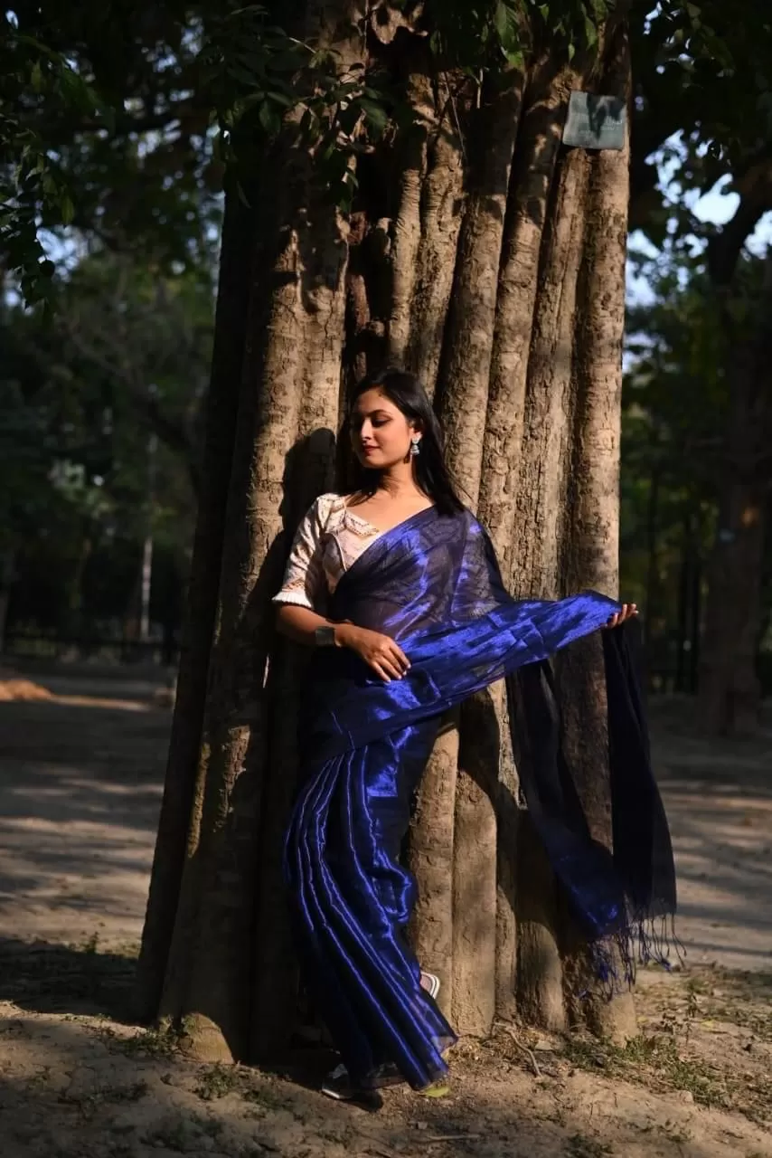 Blue Tissue Silk Saree With Blouse