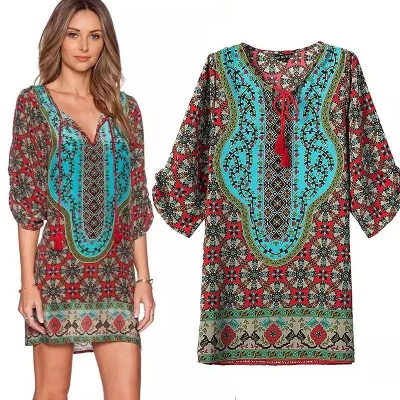 Bohemian Print Kaftan Mini Dress