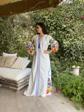 Boho white summer Kaftan, Long sleeve cotton Kaftan dress, Colorful embroidered Kaftan dress, kaftan maxi dress, Caftans for women, Caftans