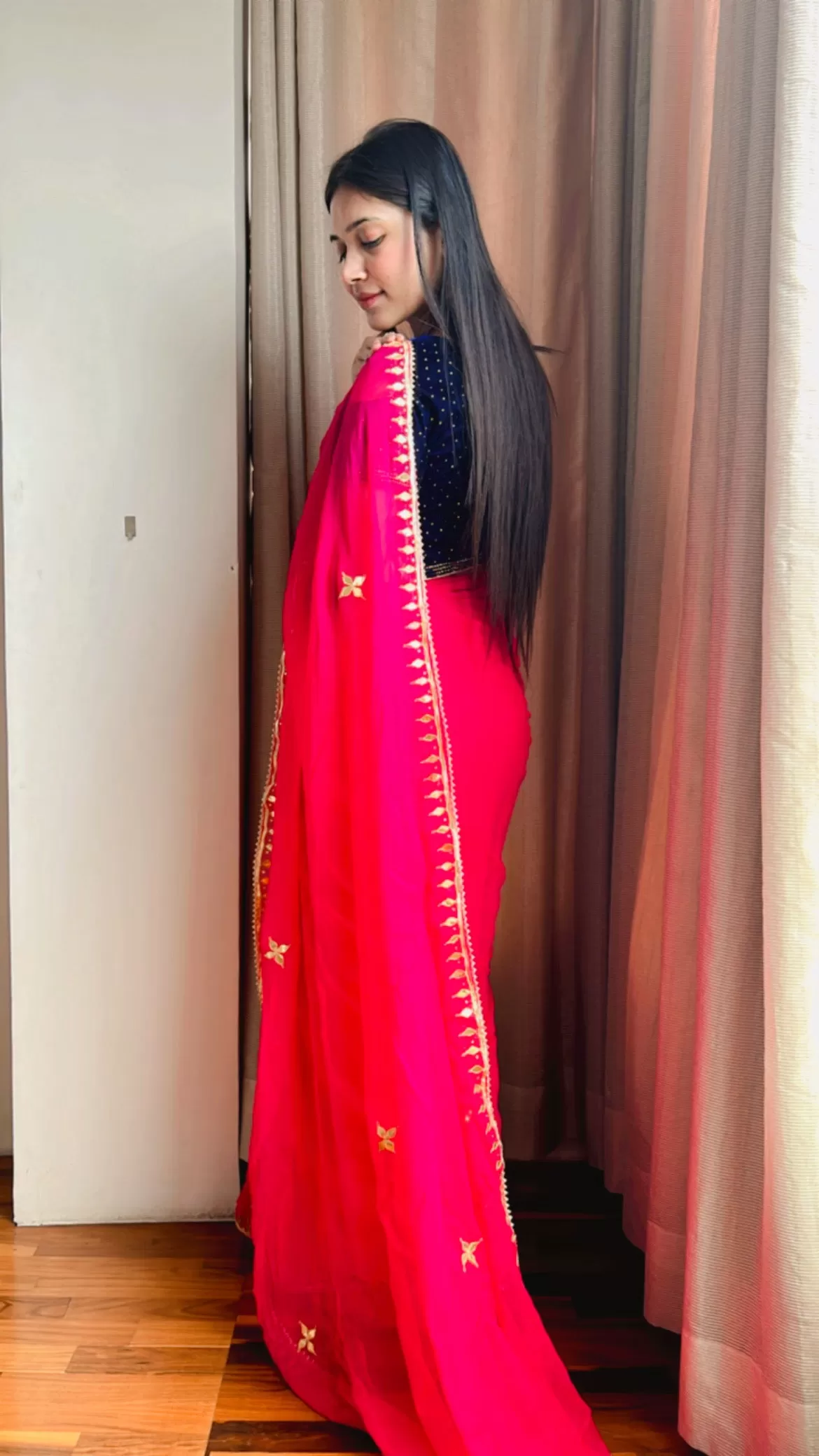 Bold Pink Gota work Chiffon Saree