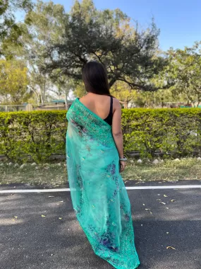 Boutique Style Saree In Teal Blue