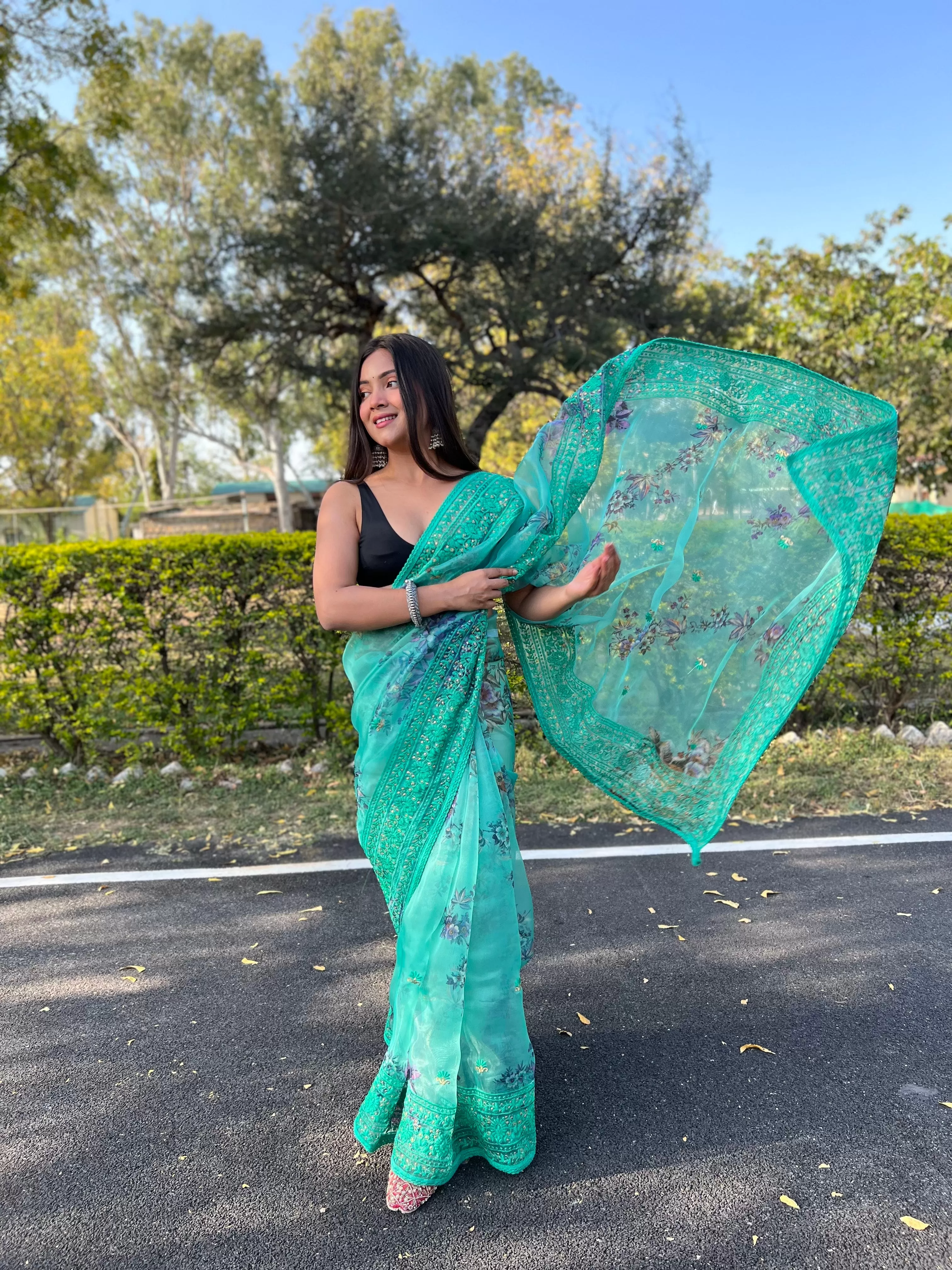 Boutique Style Saree In Teal Blue