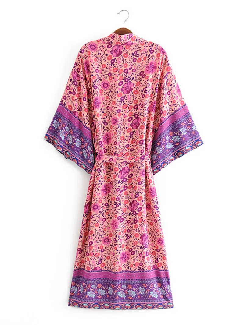 Bridal Wear Long Length Floral Print Purple Color Cotton Gown Kimono Robe