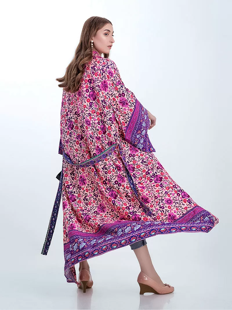 Bridal Wear Long Length Floral Print Purple Color Cotton Gown Kimono Robe