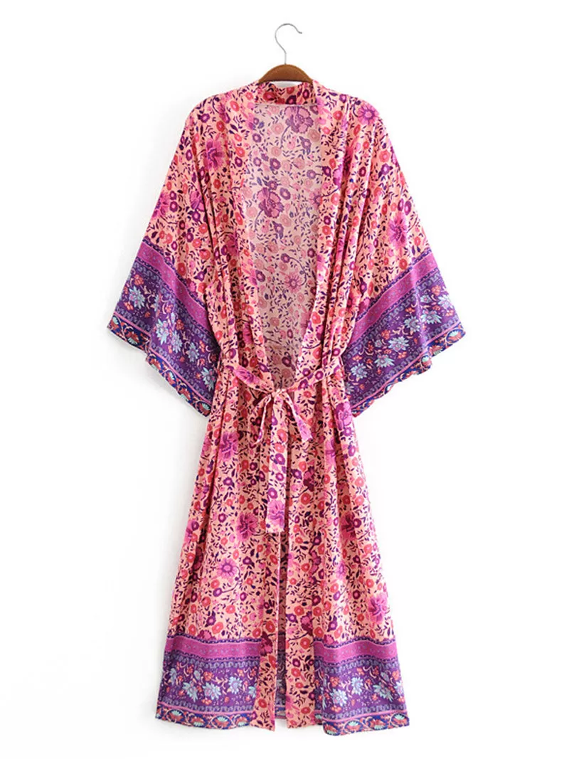 Bridal Wear Long Length Floral Print Purple Color Cotton Gown Kimono Robe