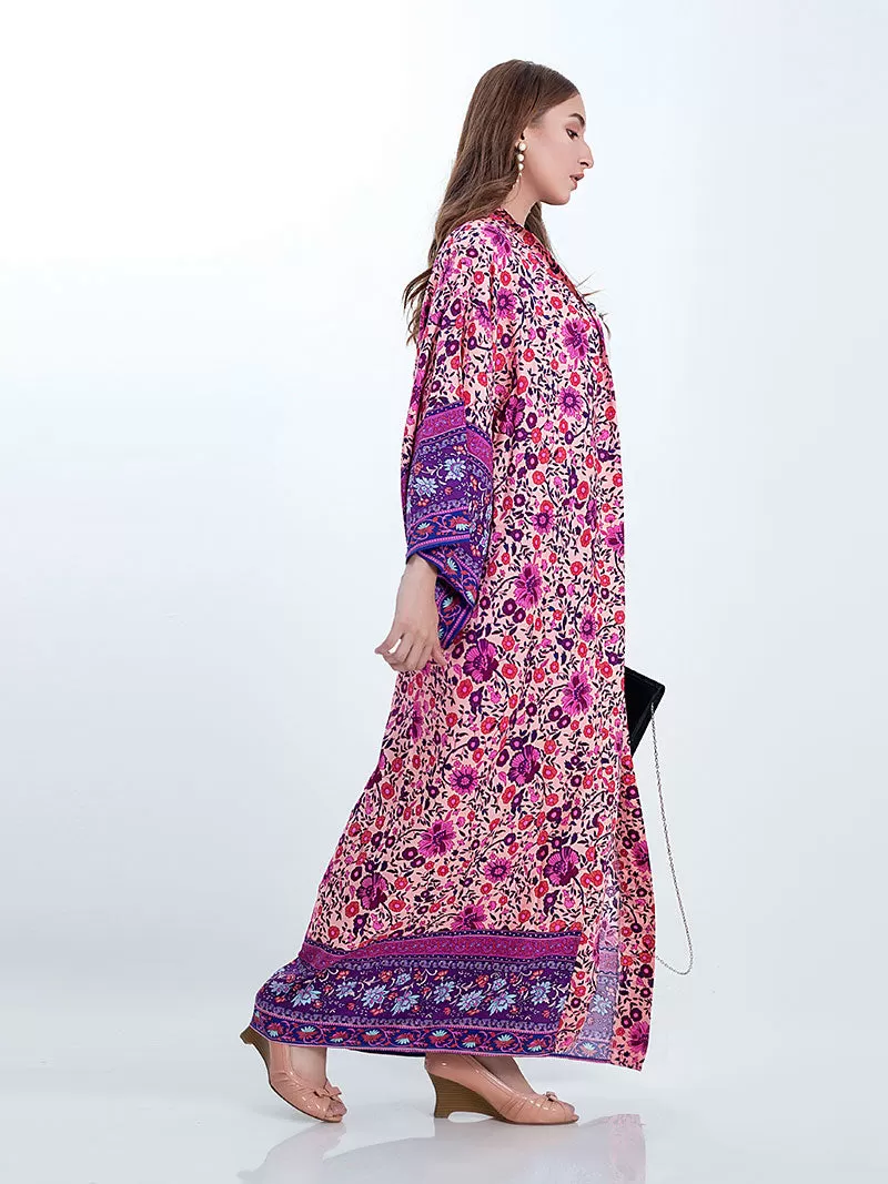 Bridal Wear Long Length Floral Print Purple Color Cotton Gown Kimono Robe