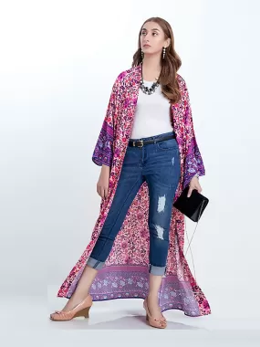 Bridal Wear Long Length Floral Print Purple Color Cotton Gown Kimono Robe