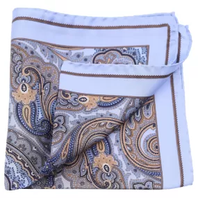 Brown Gold Paisley on Sky Silk Pocket Square