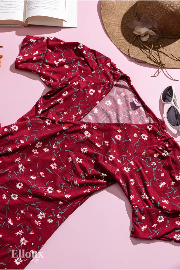 Burgundy Floral Sexy Wrap Dress